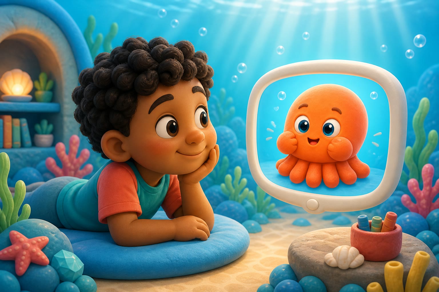 A clay-cartoon child watching Tako demonstrate a mouth movement
